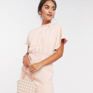 ASOS DESIGN high neck midi dress with fluted sleeve in blush pink